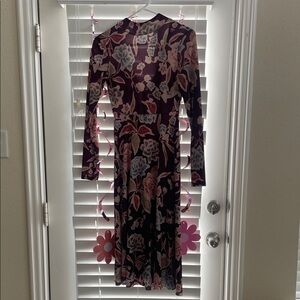 Zara Floral Long Sleeve Dress Tie Neck S Purple